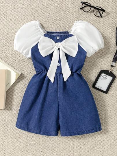 Kleine Mädchen Jumpsuit mit großer Schleife, Patchwork Denim-Optik