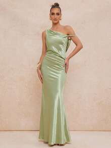 Lumalex 女士优雅性感绿色缎面亮面不对称扭结褶皱无袖修身喇叭连衣裙，春夏款 - 綠色 - 查看 3