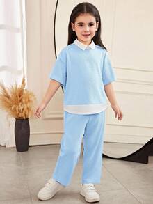 SHEIN Bộ đồ thể thao nữ trẻ trung, thanh lịch, gồm áo sơ mi cổ bẻ dáng rộng, vai rớt, tay ngắn, chất liệu dệt họa tiết phối màu, kết hợp với quần ống đứng. - Màu xanh nhạt - Xem 3