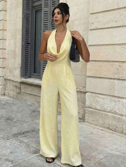 Firerie Pantalones anchos de pierna blanca con cintura ceñida, escote profundo en V y espalda descubierta, elegantes y modernos, apropiados para ir al trabajo, citas románticas, fiestas sexys, vacaciones en la playa, festivales, San Valentín, temporada de bodas y festivales de música.