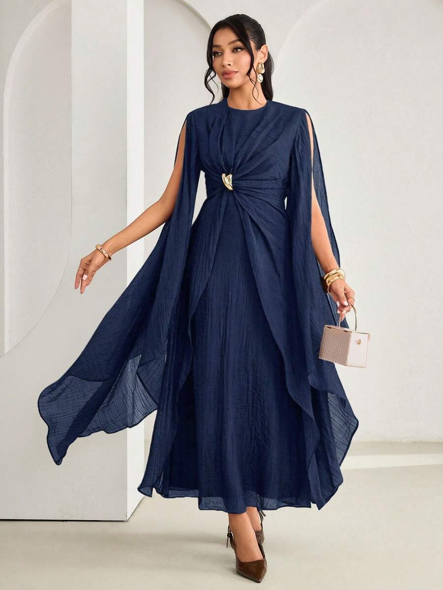Veilorie New Design Asymmetrical Long Sleeve Waist Ruched Twist Metal Buckle Decor Elegant Lightweight Flowy Cocktail Dress