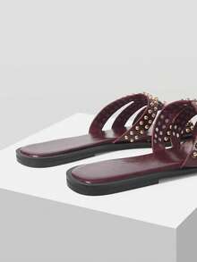 Mnmlis Zapatillas planas de moda para mujer con remaches incrustados, estilo casual y fresco, para uso diario y vacaciones, de punta abierta - Burdeos - Ver 4