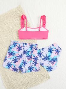 SHEIN Conjunto de 3 piezas de bikini con volantes y estampado tropical aleatorio para niñas, adecuado para la playa, la natación, las vacaciones y el verano - Multicolor - Ver 3