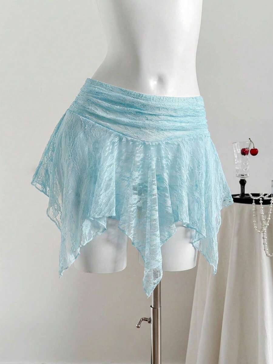 Comfortcana Women's Summer Solid Color Lace Asymmetric Hem Blue Skirt - Blue - View 1