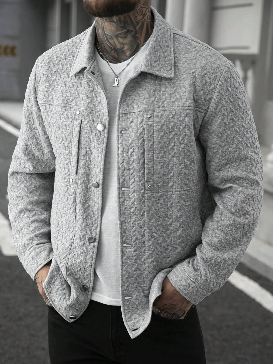 Manfinity Homme 男士夹克，男士休闲纯色夹克，灰色男士纽扣夹克，适合春秋季穿着，男士休闲工装口袋纯白色纹理衬衫夹克，休闲简约风格，都市成熟风格，英伦绅士风格，意式优雅风格，男士衬衫夹克，白色男士衬衫夹克，灰色夹克 - 灰色 - 查看 1