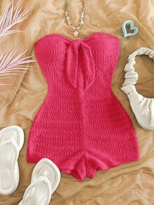 Soleia Bộ jumpsuit nữ màu trắng dệt kim, thắt nơ phía trước, thích hợp cho kỳ nghỉ xuân/hè, phù hợp dự tiệc, hẹn hò, ngày Valentine, gợi cảm lãng mạn, lễ hội, du lịch biển, tiệc trà chiều. - Màu Hồng Tươi - Xem 6