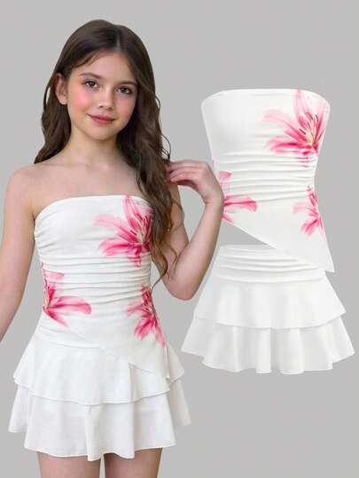 SHEIN Girlism Kids Summer Tween Girls Floral Print Cropped Camisole Top With Ruched Hem & Transparent Strap, Paired With Layered Cute Mini Skirt 2-Piece Co-Ord Set, Casual Holiday Outfit Tube Top Dress Tween Strapless Tween Dress Girls Matching Skirt Set Tween White Skirt Set For Tween Md Dresses For Girls Cute Girl Clothes Tween Clothes For Girls 10 To 12 White Floral Bathing Suit Strapless Bathing Suit
