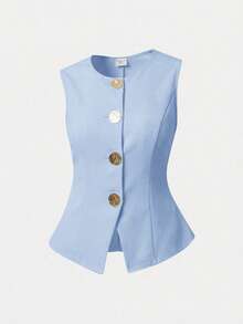 Girlism Teen Girls Sleeveless Top And Pants Set, Metal Button Closure, Elegant Retro Style,Kids - Baby Blue - View 5