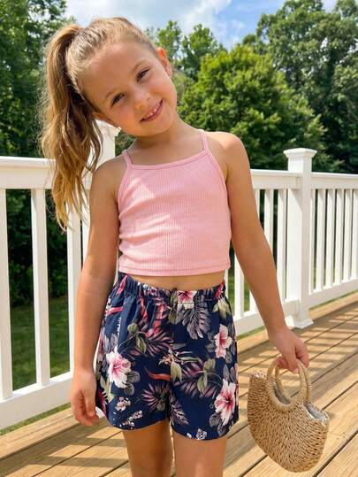 SHEIN 两件套女童纯色针织吊带背心和碎花休闲短裤套装