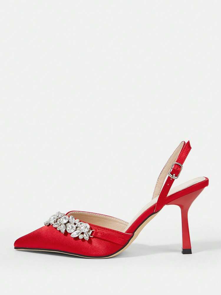 CUCCOO HITCHD Women's Pointed Toe High Heel Rhinestone Red Satin Comfortable Elegant Charming Lady High Heel Sandals, Suitable For Bride, Wedding, Party, Formal Occasions