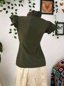 Sunspun Dark Chiffon Cap Sleeve Fitted Blouse - Army Green - View 2
