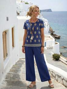 EMERY ROSE 2件套女士印花短袖休闲上衣和直筒裤，春夏 - 寶藍色 - 查看 3