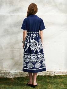 Airaco Women's Floral Print Ruched Casual Party Midi Dress, Suitable For Summer - Navy Blue - View 2