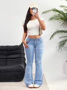 SHEIN EZwear 女士休闲水洗卡通印花低腰喇叭牛仔裤 - 藍色 - 查看 6