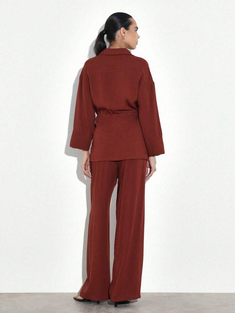 KSTM Women Rust Orange Wide Leg Drawstring Waist Casual Long Pants With Button Front And Tie Detail For Fall Fashion