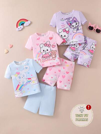 6pcs/Set Baby Girls' Cartoon Rabbit, Dog, Cat, Rainbow, Heart Print Short Sleeve Shorts Snug Fit Pajamas Set, Random Floral Pattern