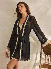 Charlaine Bộ đồ ngủ nữ thanh lịch gồm áo choàng hai dây và váy hai dây cùng áo khoác cardigan mỏng. - màu đen - Xem 2