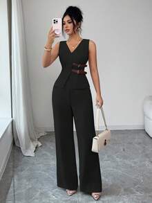 SHEIN Elenzya 女士优雅无袖腰带装饰西装外套和裤子套装，商务通勤风格，适合春夏、教师装、办公室穿着、返校、约会、度假、通勤等场合，百搭优雅复古春季套装 - 黑色 - 查看 8