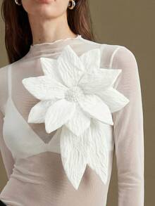 Ontre 2026春夏女装上衣，优雅婚礼风格，四向弹力网纱面料，3D立体花卉设计，现代都市风，立领，无袖，女士衬衫，女士T恤，音乐节，黑色，商务休闲办公装，低调复古风，高品质，机场时尚，高端面料，情人节，女士优雅礼服，度假装，海滩装，办公装 - 白色 - 查看 5