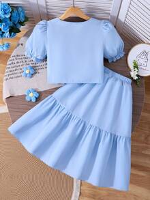 SHEIN 2pcs/Set Girls' Elegant Vacation Style Shirt & Skirt Set, Solid Color Puff Sleeve V-Neck Shirt And Short Skirt Set, Floral Print Pattern With Flower Design, Suitable For Spring/Summer Vacation, Travel, Beach - Baby Blue - View 3