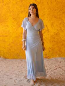 Andrea Bello 女士浅紫色V领荷叶袖褶裥开衩连衣裙，优雅伴娘礼服，派对礼服，春夏款 - 藍色 - 查看 1