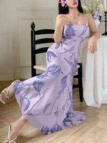 Modelyn 女士网纱印花吊带荷叶边腰身夏季休闲连衣裙 - 淡紫色 - 查看 6