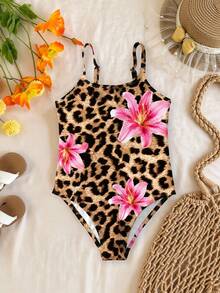 SHEIN 豹纹、芙蓉花、芙蓉花、海滩度假、#椰子女孩、适合夏季的少女休闲简约连体泳衣，公主风，小星星，少女泳装，浪漫度假 - 彩色 - 查看 2