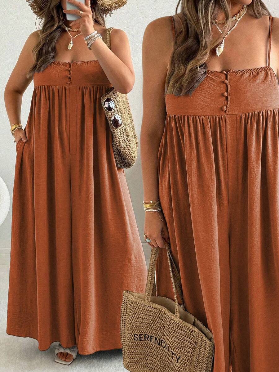 大码休闲宽松纯色连体裤 - 鏽棕色 - 查看 1