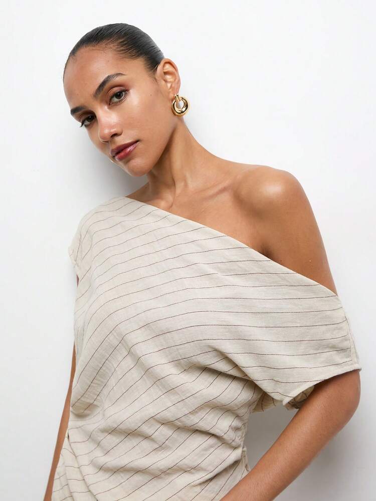 SHEIN Maija Women's Striped Asymmetric Neck Casual Versatile Daily Wear Top St Patrick's Day Women Easter Summer Easter Women Party Top Beach Summer Holiday Each Vacation For Women Summer For Women Going Out Graduation Graduation Casual Casual Blouses For Women,Summer Top