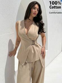 Firerie 优雅简约日常通勤办公套装，卡其色无袖V领金属扣腰带上衣搭配中腰宽松直筒裤，春夏女装套装，教师装，工作服，办公室套装，女士裤装 - 卡其色 - 查看 2