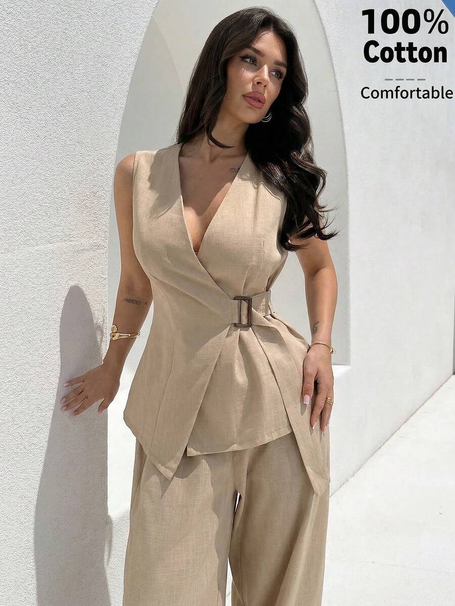 Firerie 优雅简约日常通勤办公套装，卡其色无袖V领金属扣腰带上衣搭配中腰宽松直筒裤，春夏女装套装，教师装，工作服，办公室套装，女士裤装