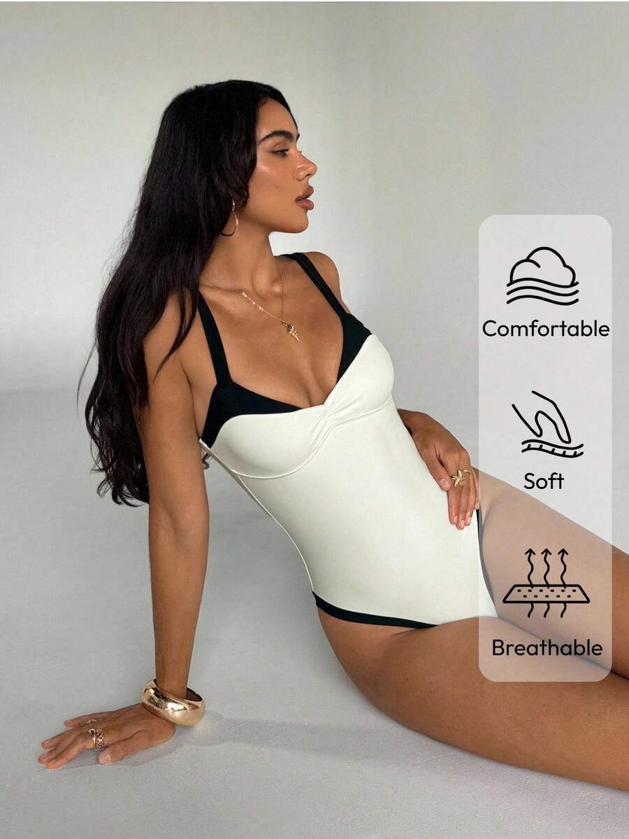 Aloruh Bộ đồ bơi liền thân hở lưng cổ sâu màu trắng và đen mới cho nữ mùa xuân/hè, gợi cảm thanh lịch, thích hợp đi biển/nghỉ dưỡng