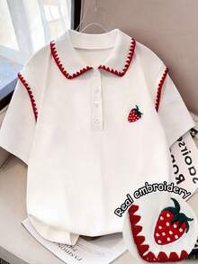 Resyla Women's Button-Up Embroidered Trim Short Sleeve Casual T-Shirt - White - View 1