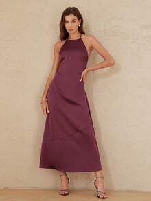 Femmeiva French Elegant Sexy Luxury Minimalist Party Golf Evening Satin Halter Backless Tie Design Fitted Mermaid Dress Pastal Summer - Burgundy - View 4