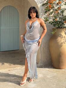 Rustia 大码女式垂褶领浪漫性感吊带露背网纱亮片碎花连衣裙，不规则荷叶边下摆长裙，不对称开衩裙，海岛沙滩裙，吊带裙，夏季连衣裙，海岛沙滩理想之选 - 藍色 - 查看 5