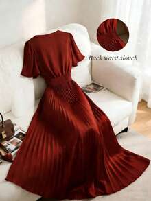 Franclia Women's Dark Red Elegant Summer Crossover V-Neck Dress,Short-Sleeved Beaded Trim Pleated Hem Gathered Waist,Dining Wedding Guest Graduation Party Gown - Red - View 2