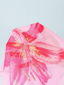 SHEIN 少女三件套比基尼，可爱粉色百合花针织三角上衣、三角泳裤、三角围巾，时尚休闲优雅女士风格，适合游泳、夏季度假、海滩、泳池、节日派对等场合。 - 粉色 - 查看 6