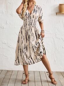 SHEIN Holidaya V-Neck Tiger Print Ruched Waist Batwing Sleeve Spring/Summer Women Dress - Apricot - View 5