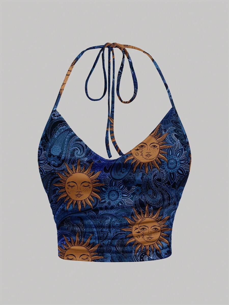 SHEIN MOD Top versátil ajustado con cuello de corbata y estampado de girasol, de estilo minimalista y casual - Multicolor - Ver 1