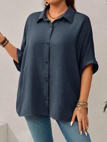 EMERY ROSE Plus Size Women's Solid Color Batwing Sleeve Loose Single-Breasted Casual Shirt,Vacation Outfits Woman,Summer Clothes Fall - Navy Blue - View 5