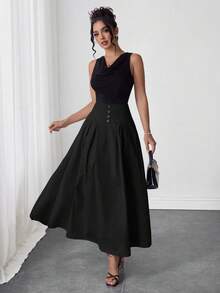 Modelyn Chân váy chữ A xếp ly màu trơn dành cho nữ, kiểu dáng thường ngày, đa năng, thích hợp cho hẹn hò và đi chơi. - màu đen - Xem 6