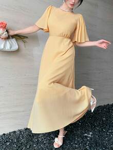 DAZY Robe mi-longue élégante à col rond et manches volantées de couleur unie, robes d'été pour femmes - Jaune citron - Voir 6