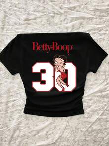 Betty Boop x SHEIN SHEIN Attitoon Women's Casual Waist Ruched Off-Shoulder Betty Collab Tight Fit Short Sleeve T-Shirt, Suitable For Summer, Chic, Y2K - Black - View 5