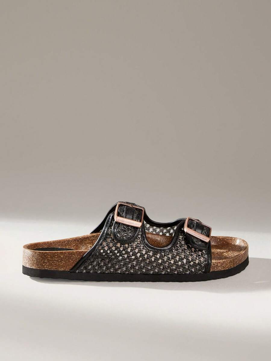 Solecia Damen Schuhe Frühling und Sommer Neu Doppelschnallen Gürtel Anpassungsdesign offene Zehenpartie Flacher Boden Lässig Urlaubsstil Damen Pantoffeln geeignet für Reise Urlaub, Strandreise Sommerschuhe - Stille Nacht Schwarz - Übersicht 1