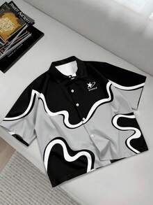 Manfinity EMRG Men's Black Grey White Abstract Wavy Line Curve Sparkle Planet Logo Print Short Sleeve Shirt | Summer Streetwear Y2K Vintage Futuristic Fluid Art Color Block Button Down Collar Top | Urban Casual Modern Minimalist Space Theme Holiday Vacation Camp Shirt | Soft Breathable Premium Daily Outdoor Outerwear,Men's Printed Short Sleeve Shirt Men's Short Sleeve Shirt Men's Street Wear Shirt Men's Black And White Shirt - Multicolor - View 7