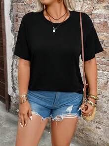 Breezaya Plus Size Women's Solid Color Round Neck Casual Versatile Daily Short Sleeve T-Shirt, Spring/Summer - Black - View 2