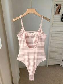 Comfortcana 女士性感粉白条纹露背连体衣，夏季必备 - 粉色 - 查看 7