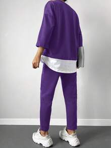 Cottnline 2pcs Women Casual Set: Contrast Color Round Neck Drop Shoulder 3/4 Sleeve T-Shirt And Pants - Purple - View 2