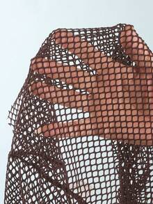 Swim Vcay Women's Solid Color Hollow Out Casual Versatile Cover-Up & Mini Skirt Set - Coffee Brown - View 5
