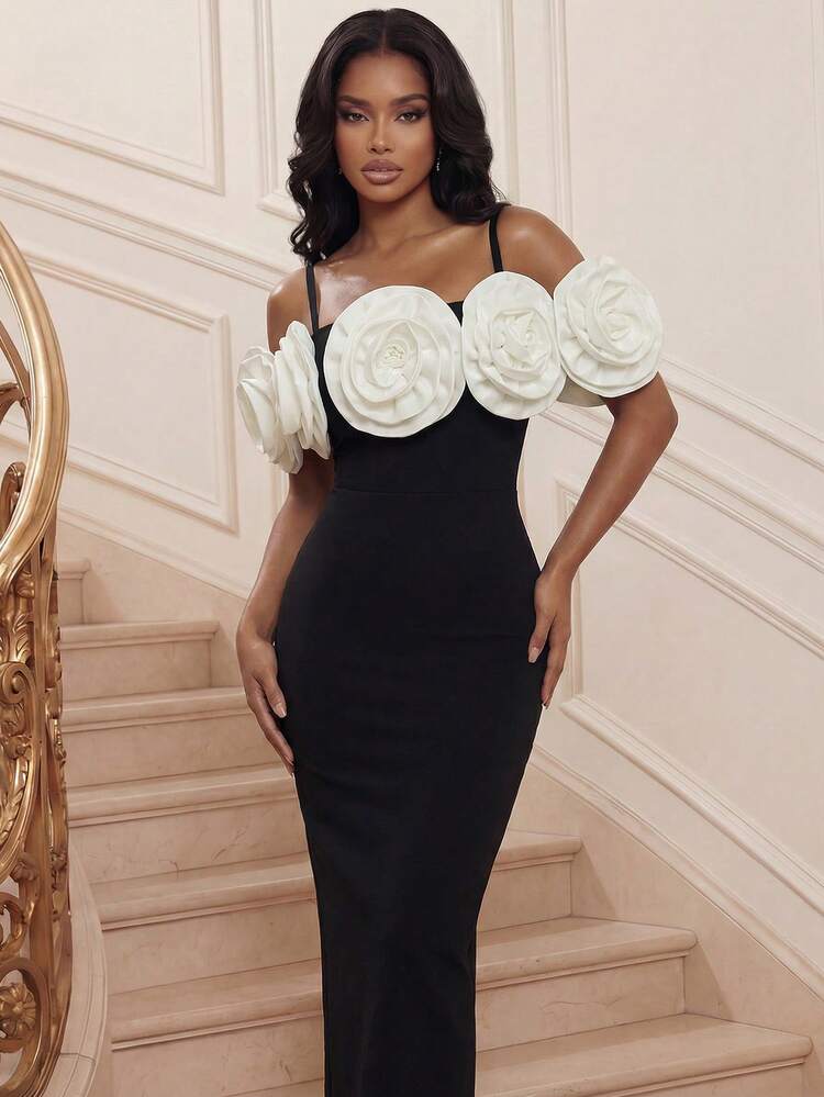 New Arrival Black Floral Bodycon Dress, Elegant For Party, Ball, Birthday, Sexy & Energetic Strapless Dress For Women